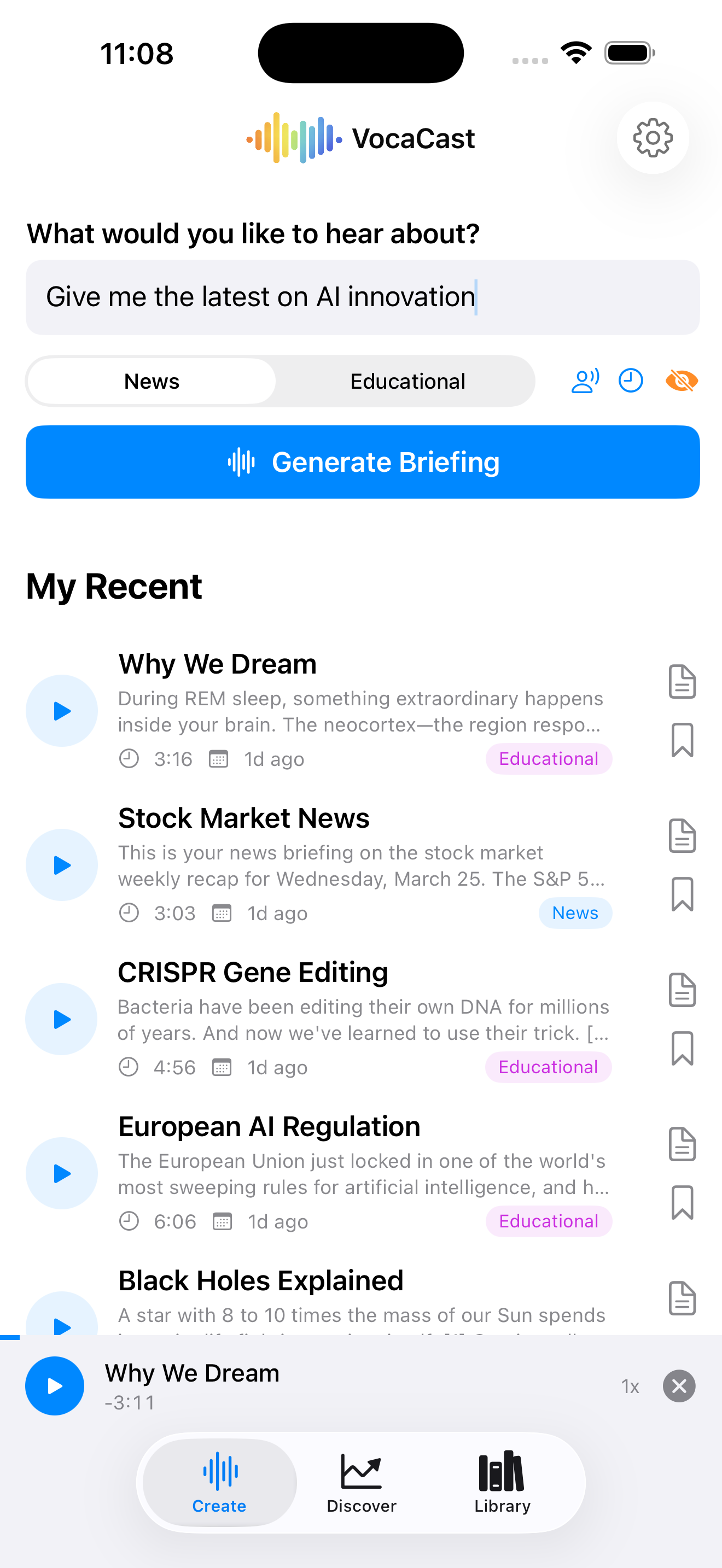 VocaCast app — create a briefing