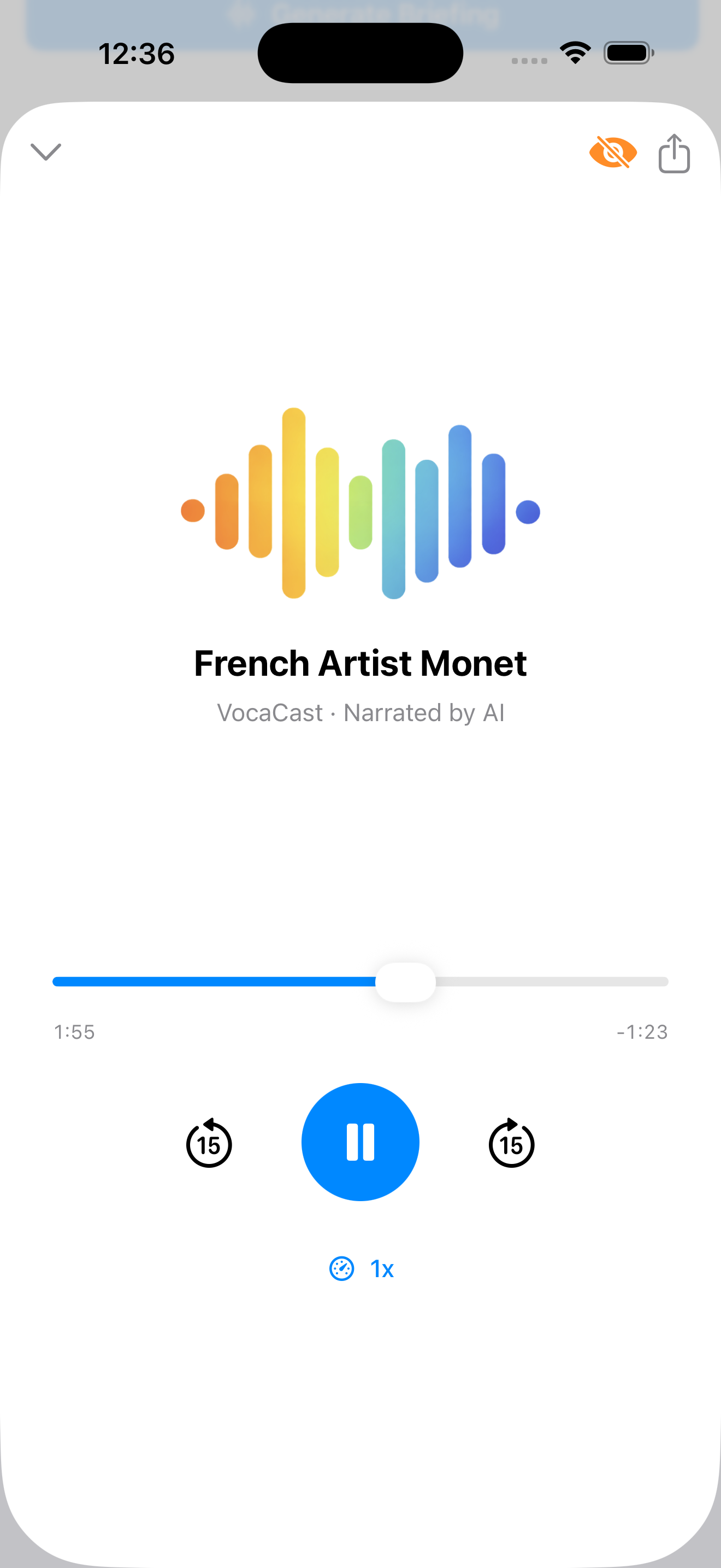 VocaCast app — playing a briefing